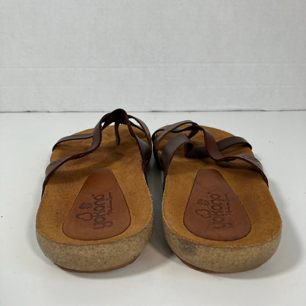 Yokono Sz 6 Brown Leather Comfort Sandals Toe Ring Cross Strap - Picture 11 of 16